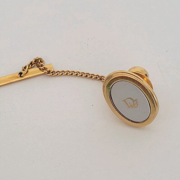 Christian Dior Tie Necktie Pin Clasp Gold Tone Logo Oval Vintage Small Logo - Picture 1 of 5